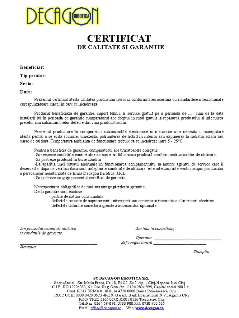 Certificat de Garantie - Model | PDF