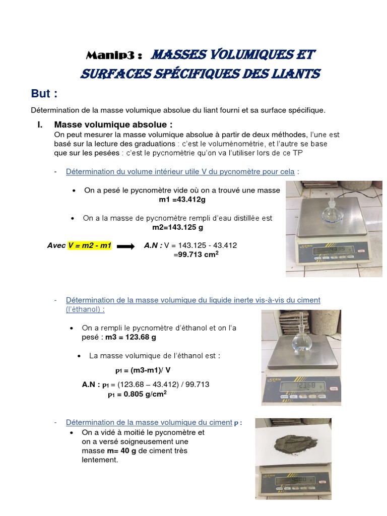 Masse volumique et surface du ciment PDF Densité Ciment — free download