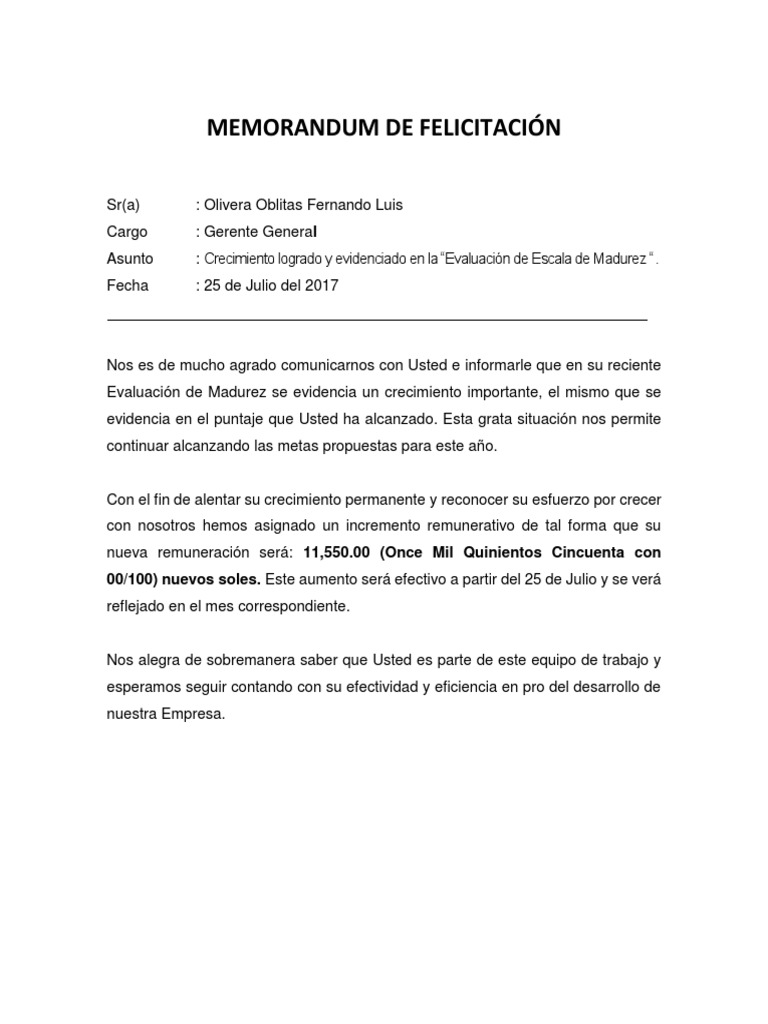 Memorandum de Felicitación