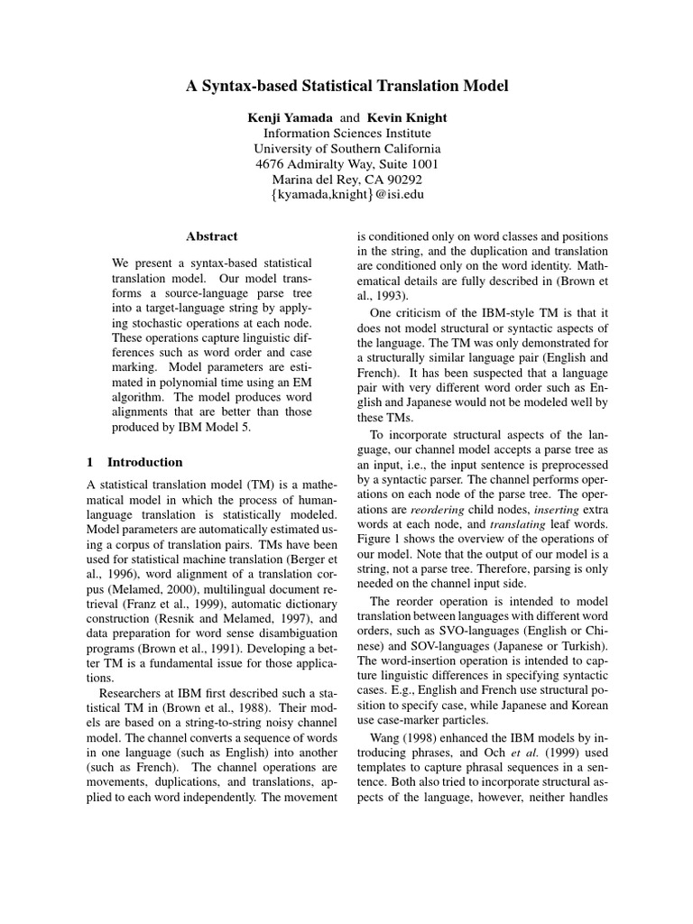 A Syntax-Based Statistical Translation Model PDF | PDF | Parsing ...