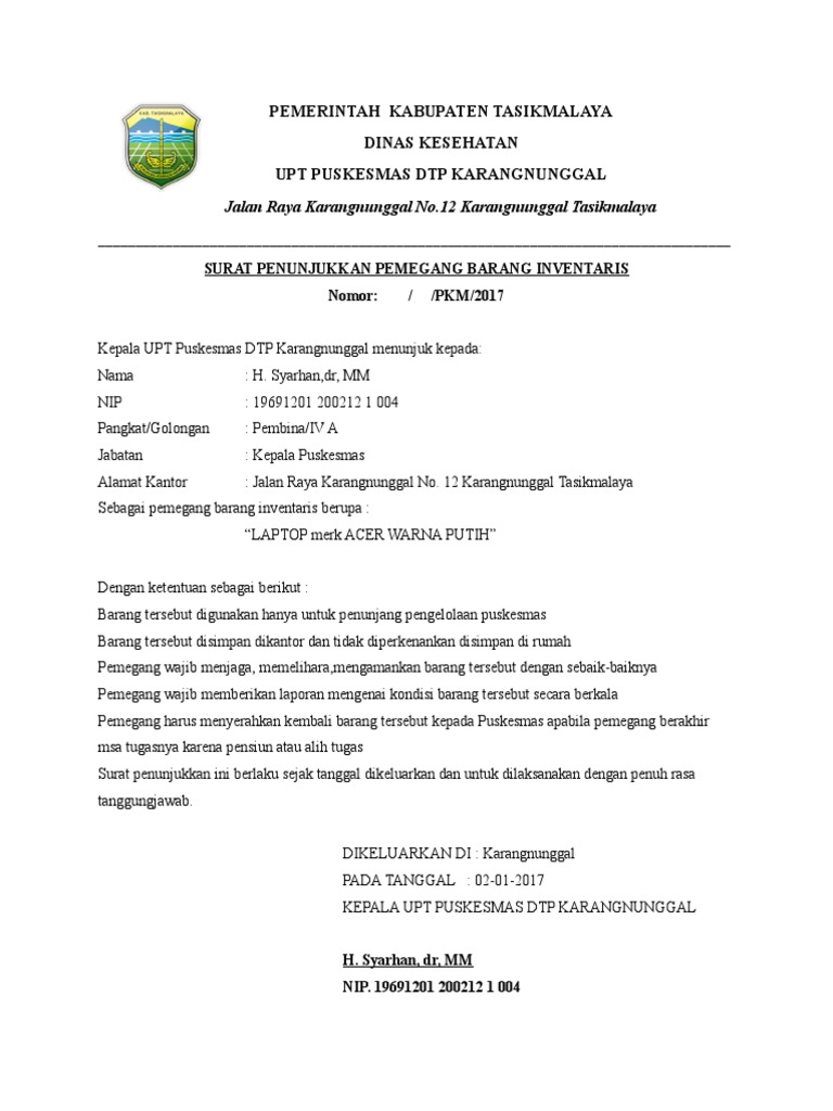 Surat Penunjukkan Barang Inventaris Laptop Pdf
