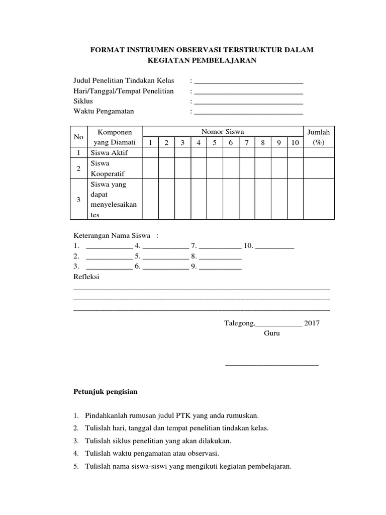 Format Instrumen Observasi Terstruktur Dalam Kegiatan