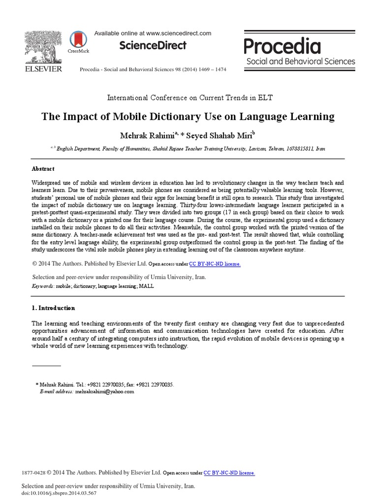 The Impact of Mobile Dictionary Use On Language Learning Sciencedirect