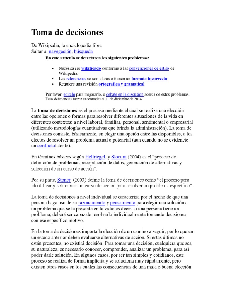 Toma de Decisiones WIKIPEDIA 12 16 | PDF | Toma de decisiones | Ciencia ...