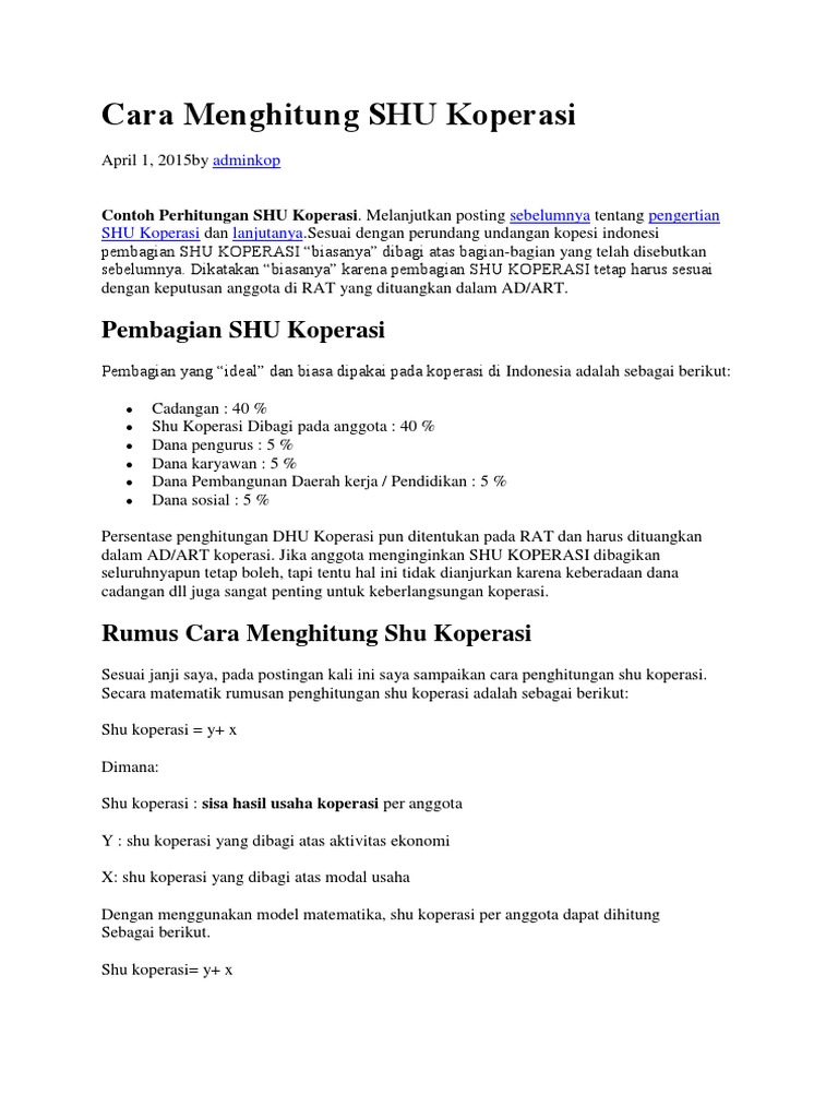 Cara Menghitung Shu Koperasi Docx