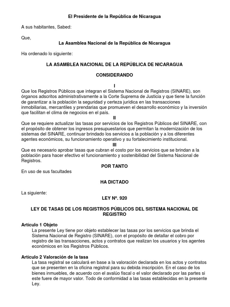Ley 920 LEY DE TASAS DE LOS REGISTROS PÚBLICOS DEL SISTEMA