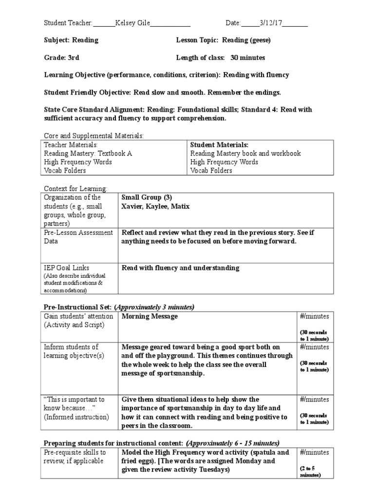 3rd Grade Reading Fluency Lesson Plan | PDF | Reading Comprehension ...