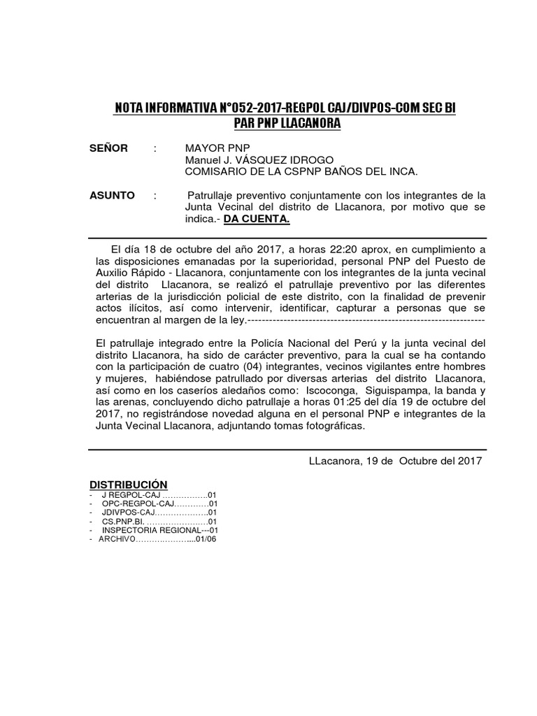 Nota Informativa PNP: Patrullaje Llacanora | PDF