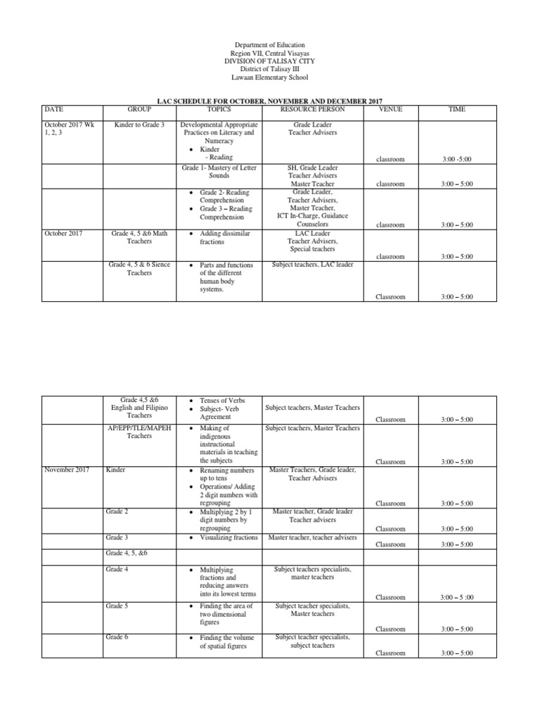 LAC Schedule LAWAAN elem 2017.docx | Teachers | Learning