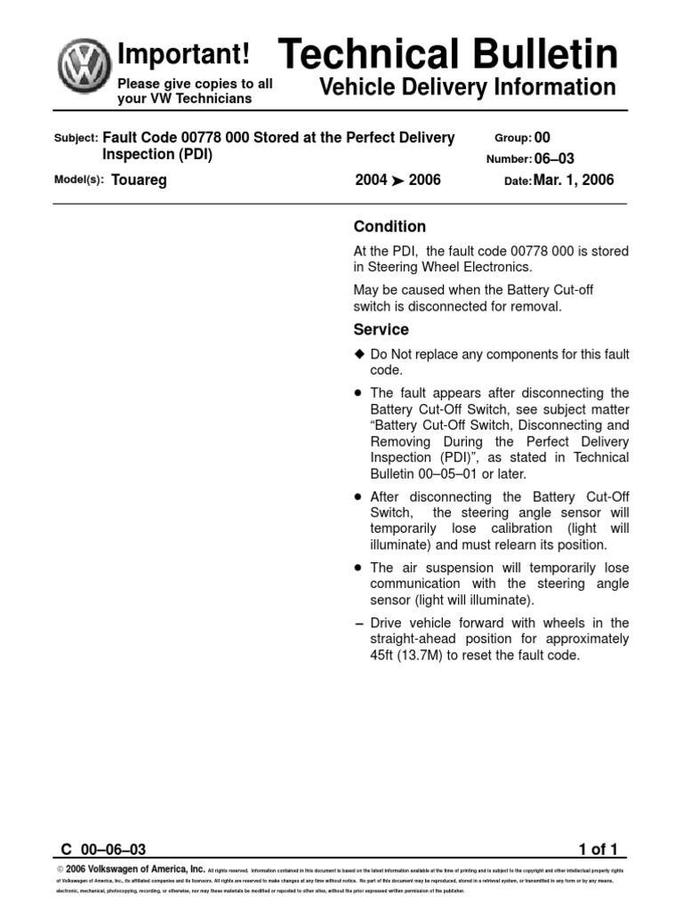 VW - tb.00!06!03 Fault Code 00778000 Stored AtPDI | PDF | Business