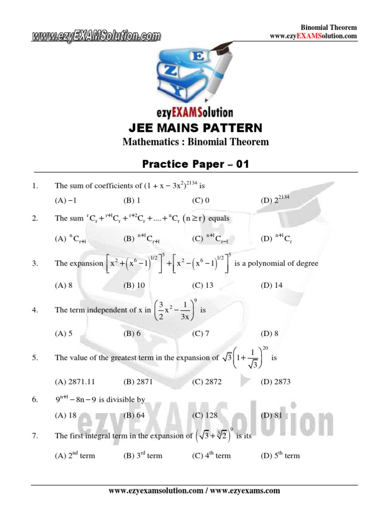 JEE Mains: Binomial Theorem Practice | PDF | Combinatorics | Teaching ...