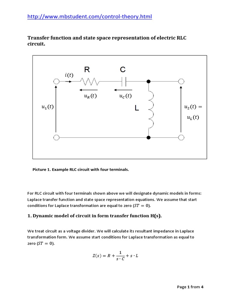 Transfer Function State Space Representation Rlc Circuit Example 2 Laplace Transform Matrix Mathematics