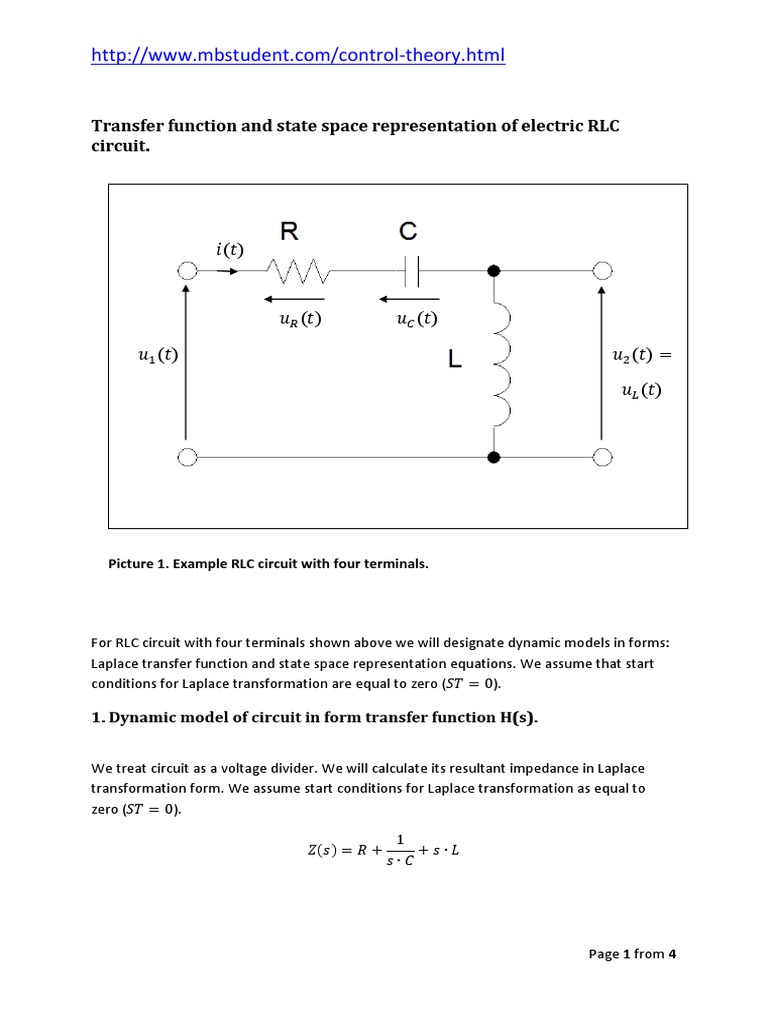 Transfer Function State Space Representation Rlc Circuit Example 2 Pdf Laplace Transform Matrix Mathematics