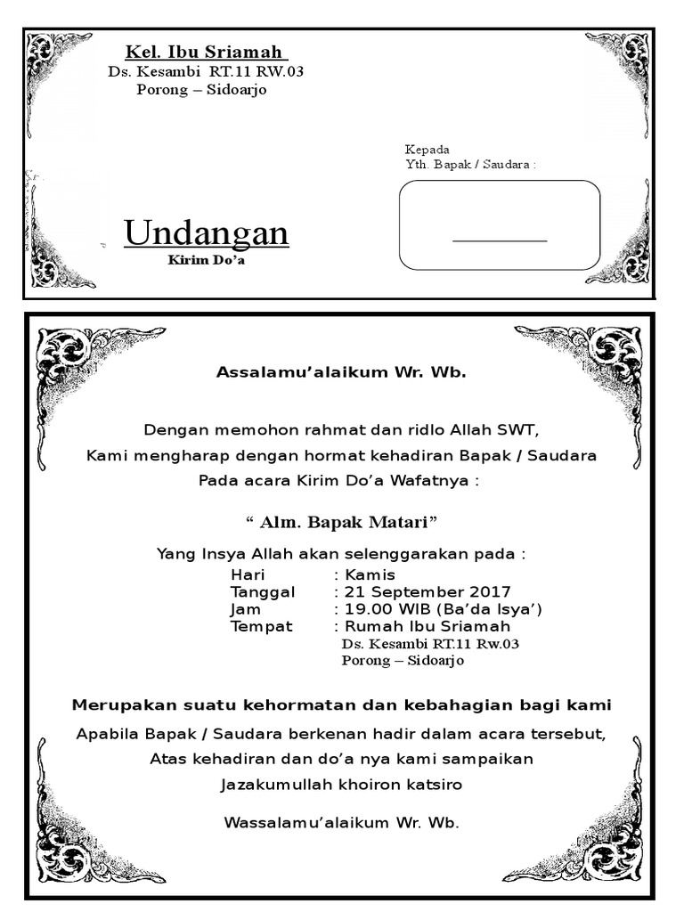 Contoh Undangan Kirim Doa Dan Tahlil