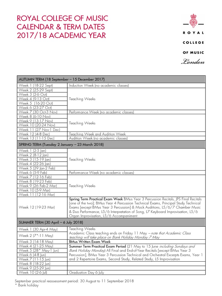 Academic Calendar 17 18 PDF Academic Term Performing Arts