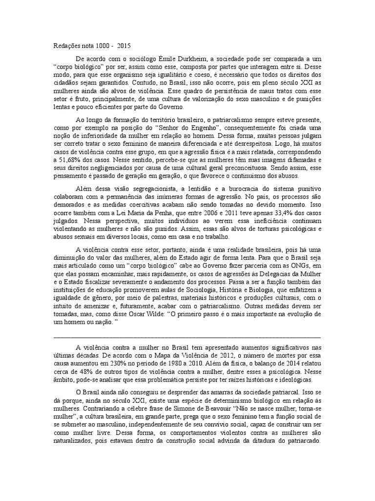 Redações Nota 1000 | PDF | Mulher | Violência