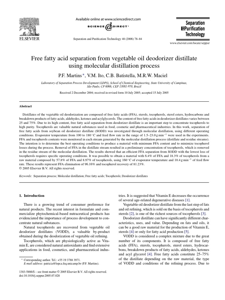 Free Fatty Acid Separation From Vegetable Oil Deodorizer Distillate PDF