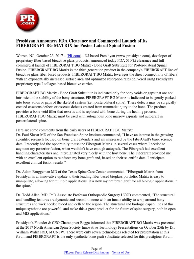 Prosidyan Launches FIBERGRAFT BG Matrix | PDF | Bone | Surgery