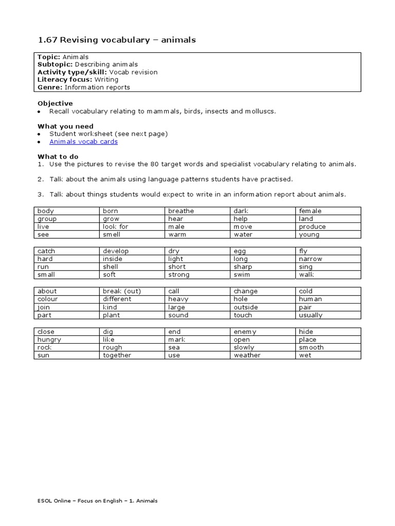 1 67+revising+vocabulary+-+animals | PDF