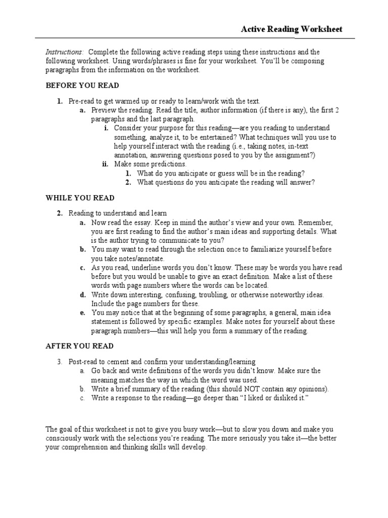 Active Reading Worksheet