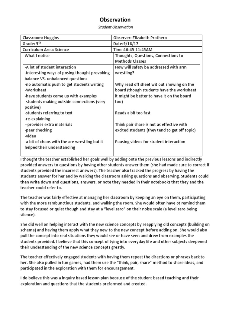 Science Lesson Observation Form 1 | Download Free PDF | Concept | Classroom