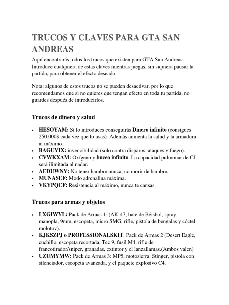 Trucos Y Claves Para Gta San Andreas