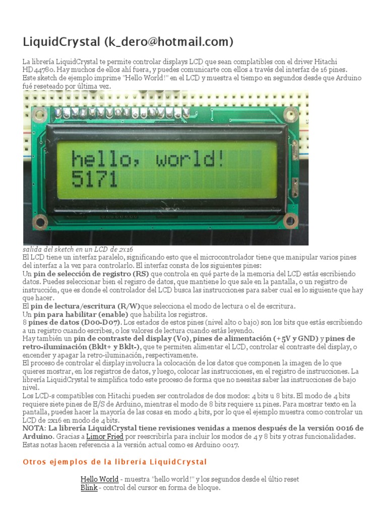 Control de LCD con LiquidCrystal en Arduino | PDF | Arduino | Pantalla ...