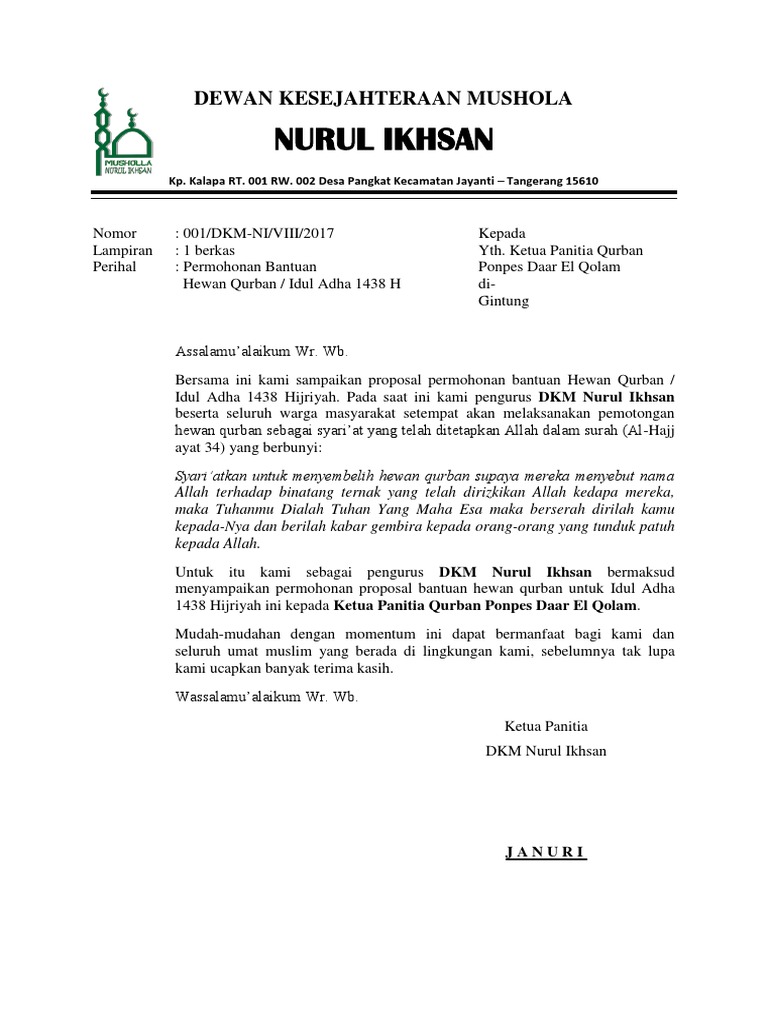 Contoh Proposal Permohonan Hewan Kurban