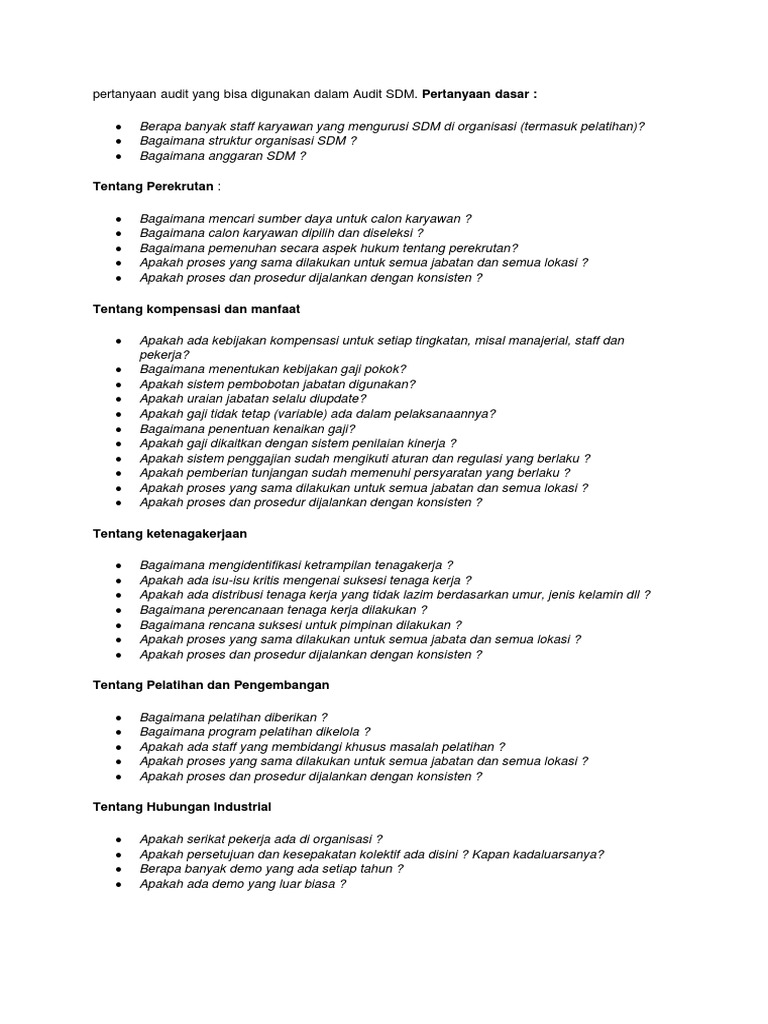 Pertanyaan Audit Yang Bisa Digunakan Dalam Audit Sdm