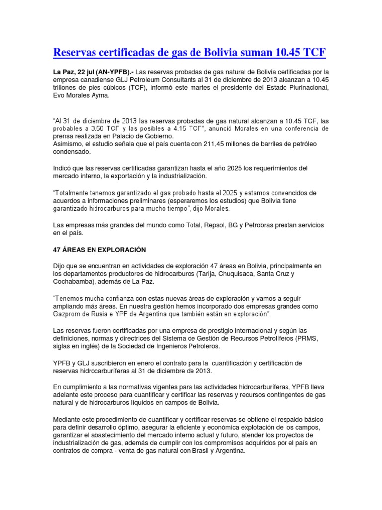 Reservas de gas en Bolivia: 10.45 TCF | PDF | Bolivia | Gas natural