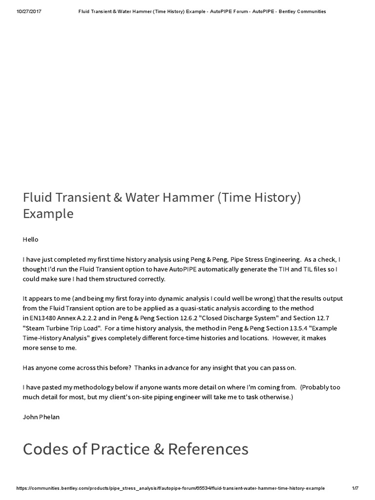 Fluid Transient & Water Hammer (Time History) Example AutoPIPE Forum