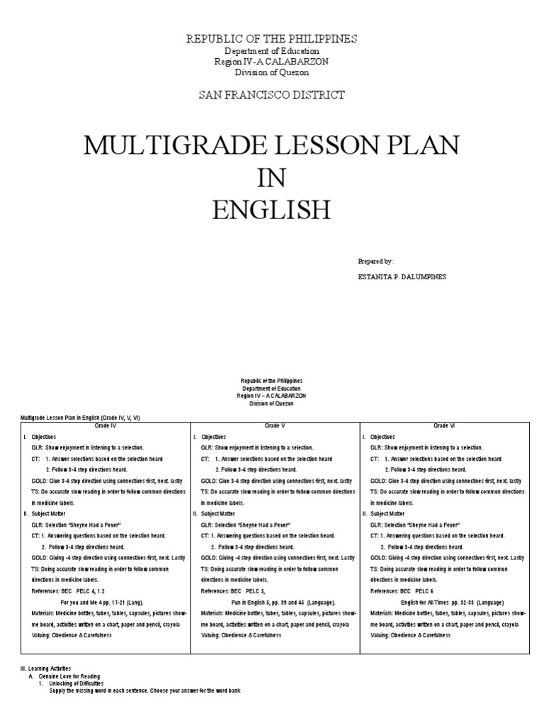 Multi Grade Lesson Plan in English2