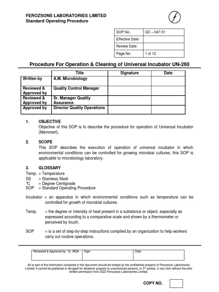 Title SOP Incubator Operation QC 047 01 PDF Celsius Quality Assurance