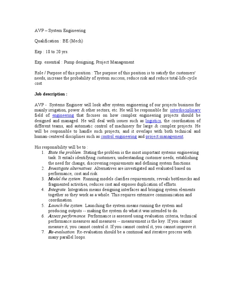 AVP Systems Engineering Role Overview | PDF