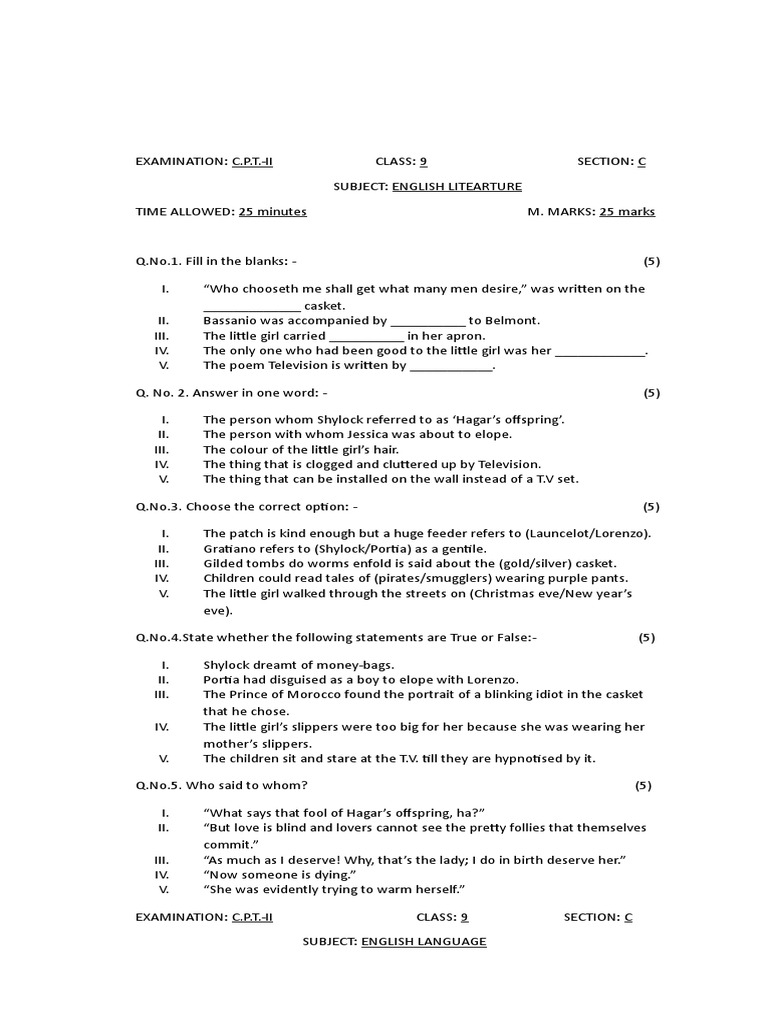 Class9th English Question Paper PDF The Merchant Of Venice
