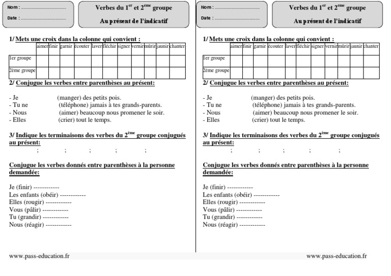 évaluation Verbes 1er Groupe Présent Pdf Ce1