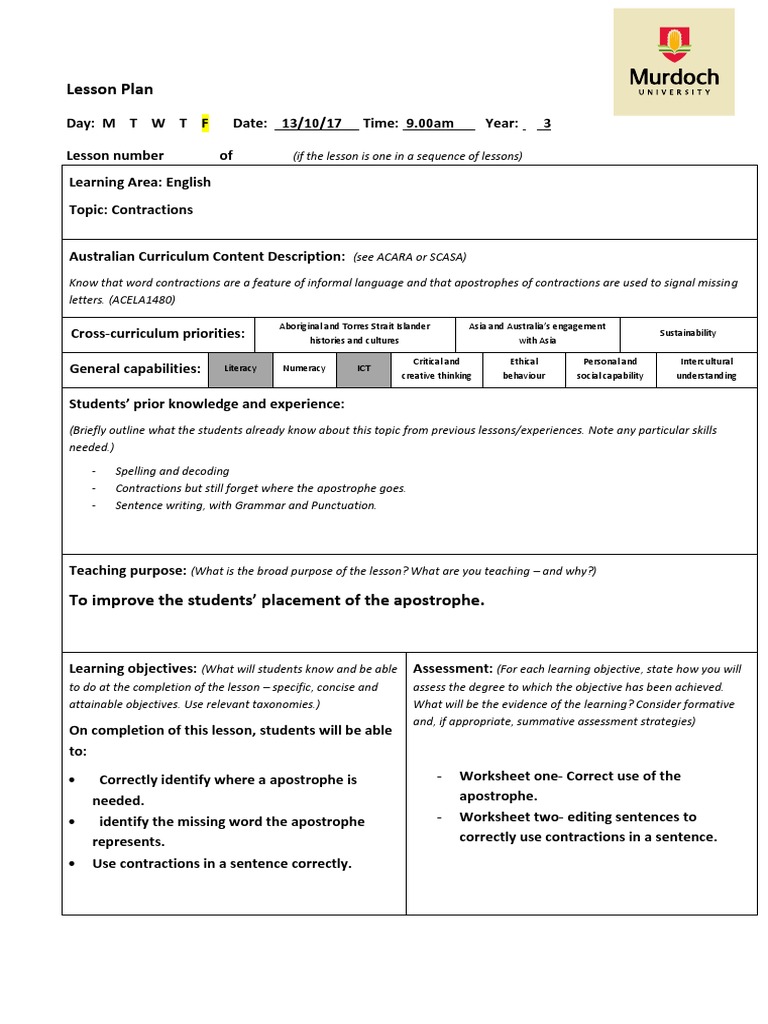 3rd Grade Contractions Lesson Plan | PDF | Lesson Plan | Educational ...