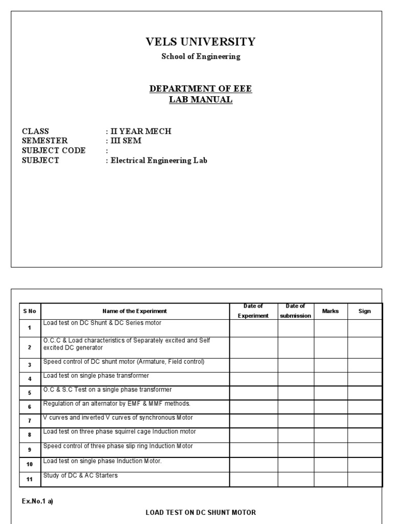 Electrical Engineering Lab Manual | PDF | Electric Generator | Direct ...