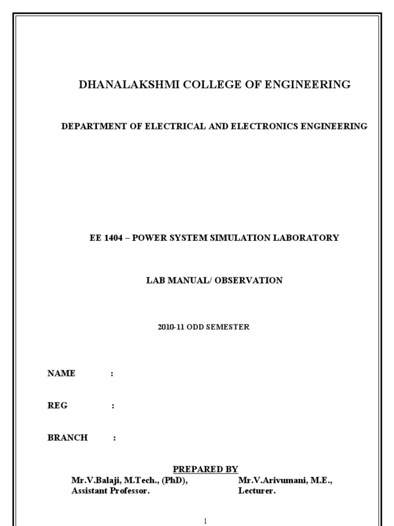 Power System Simulation Lab Manual | PDF | Steady State | Electric ...