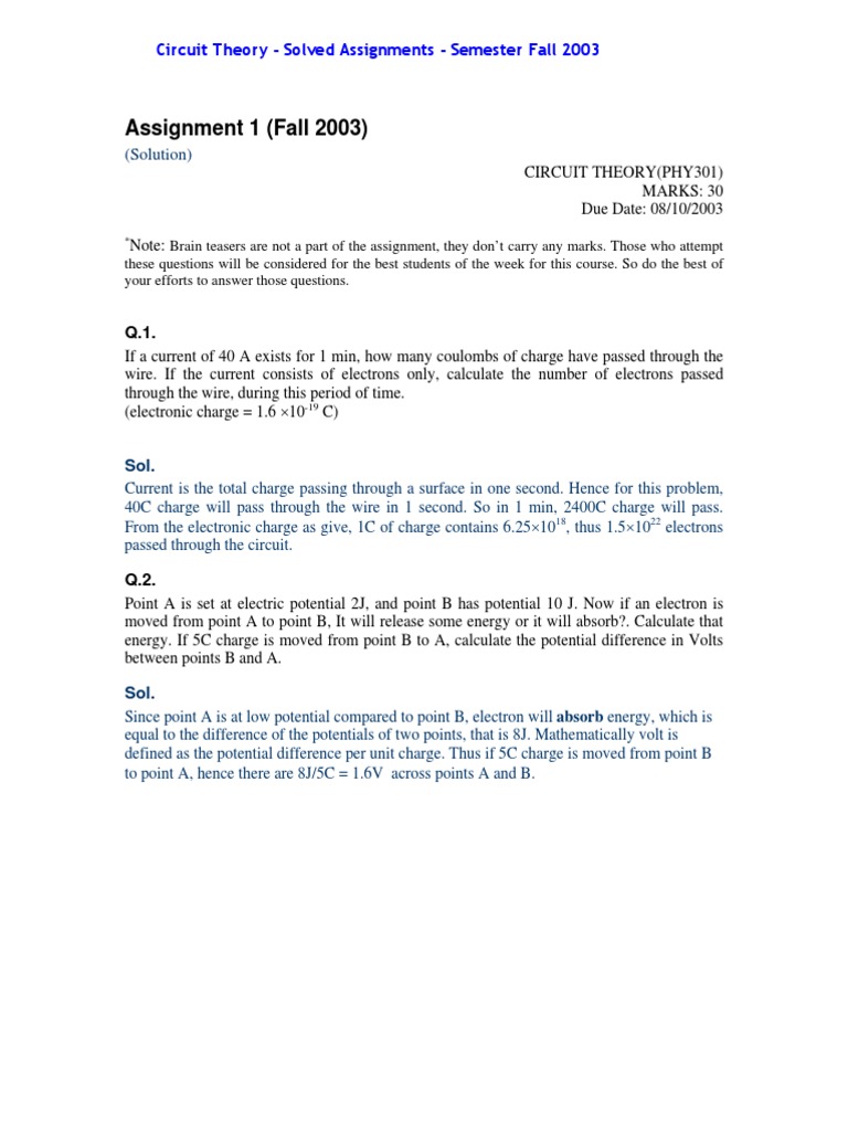Circuit Theory Solved Assignments Semester Fall 2003 PDF Electric Current Electrical