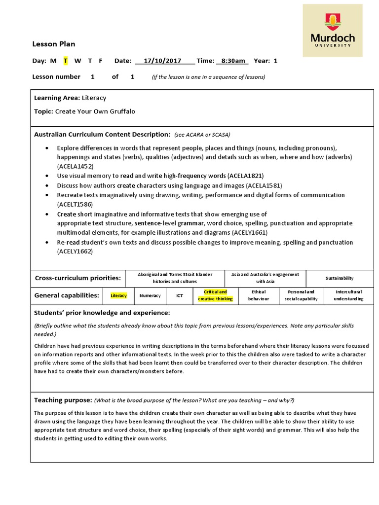 Lesson Plan - Literacy Gruffalo Character Description | PDF ...