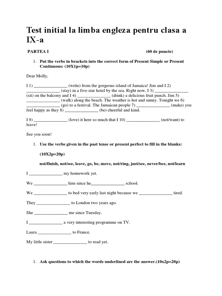 Test Initial La Limba Engleza Pentru Clasa A IX | PDF | Linguistic ...