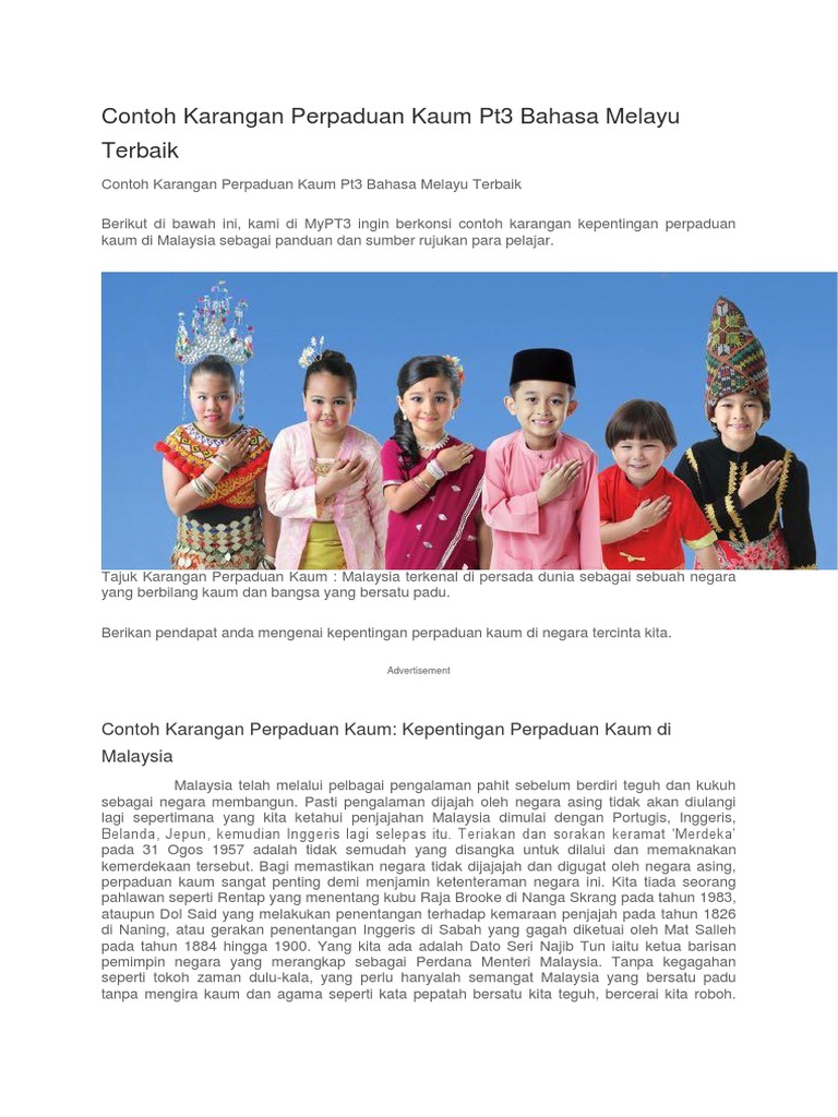 Contoh Karangan Perpaduan Kaum Pt3 Bahasa Melayu Terbaik  PDF