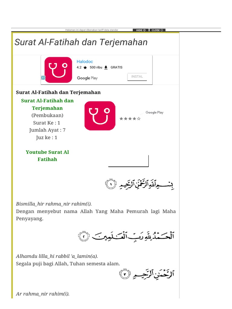 Surat Al Fatihah Dan Terjemahan Al Quran Dan Terjemahan