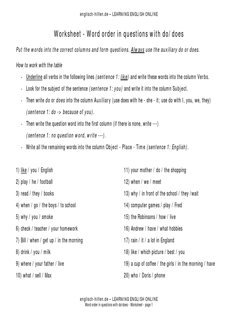 Worksheet Word Order Questions Do | PDF | English Language | Worksheet