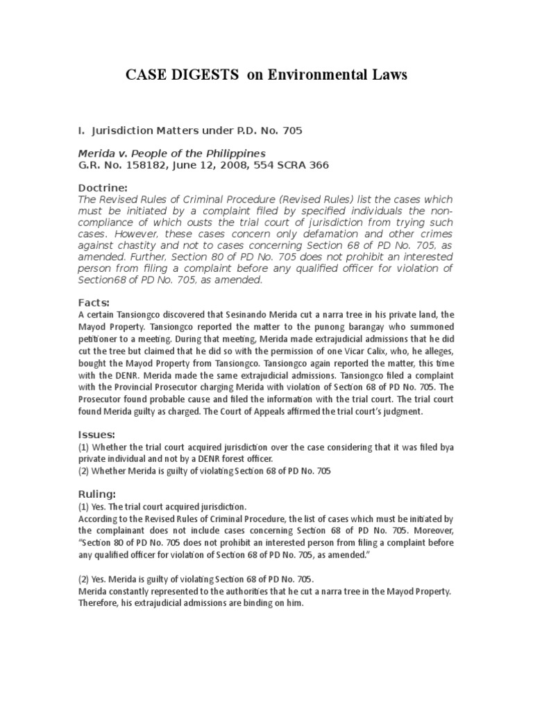 Environmental Law Case Digests in the PH | PDF | Crime & Violence ...
