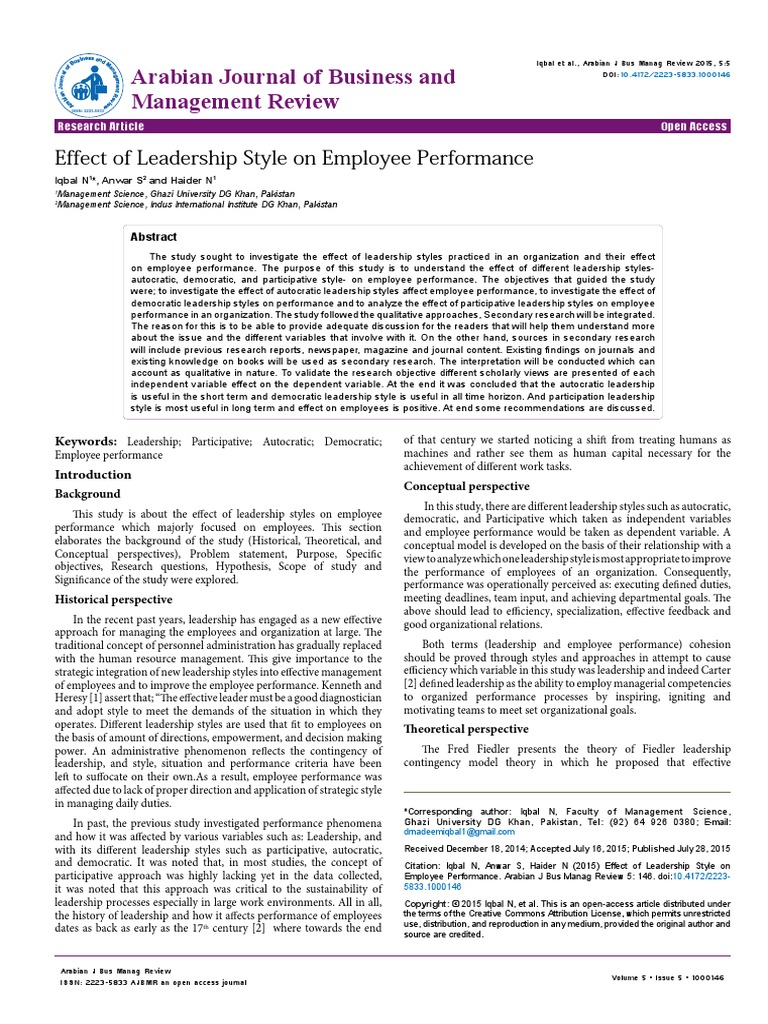 Effect of Leadership Style On Employee Performance 2223 5833 1000146 ...