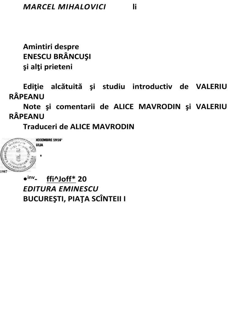 Marcel Mihalovici Amintiri Despre Enescu Brancusi Si Alti Prieteni