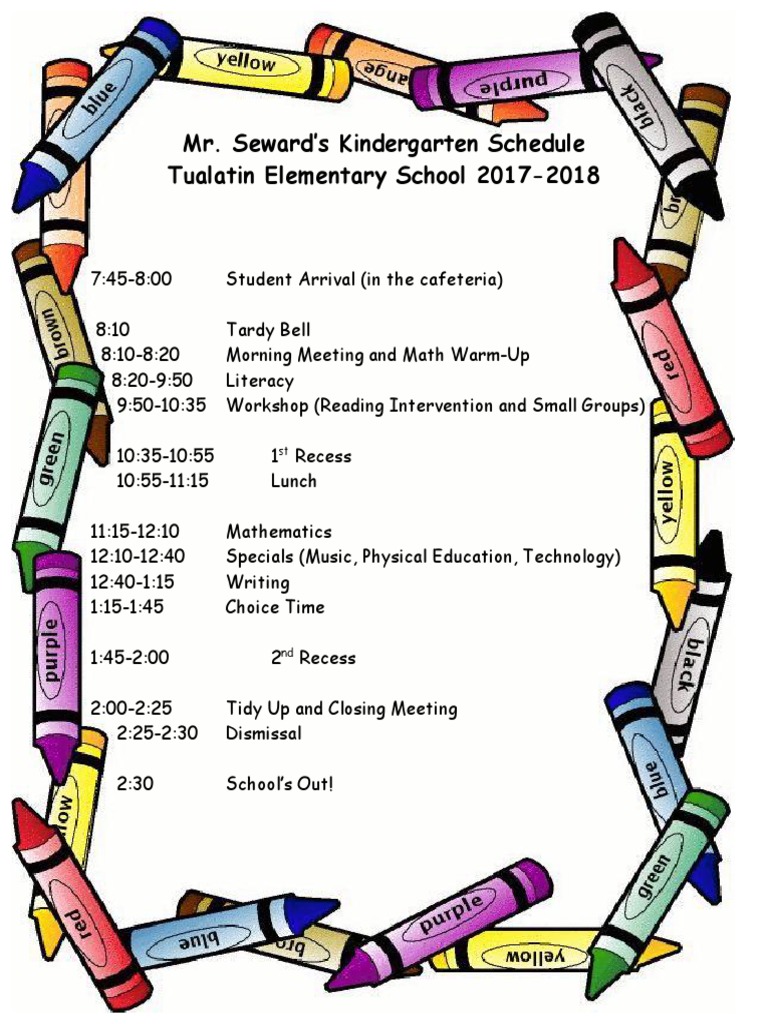 Mr. Seward's Kindergarten Schedule Tualatin Elementary School 20172018