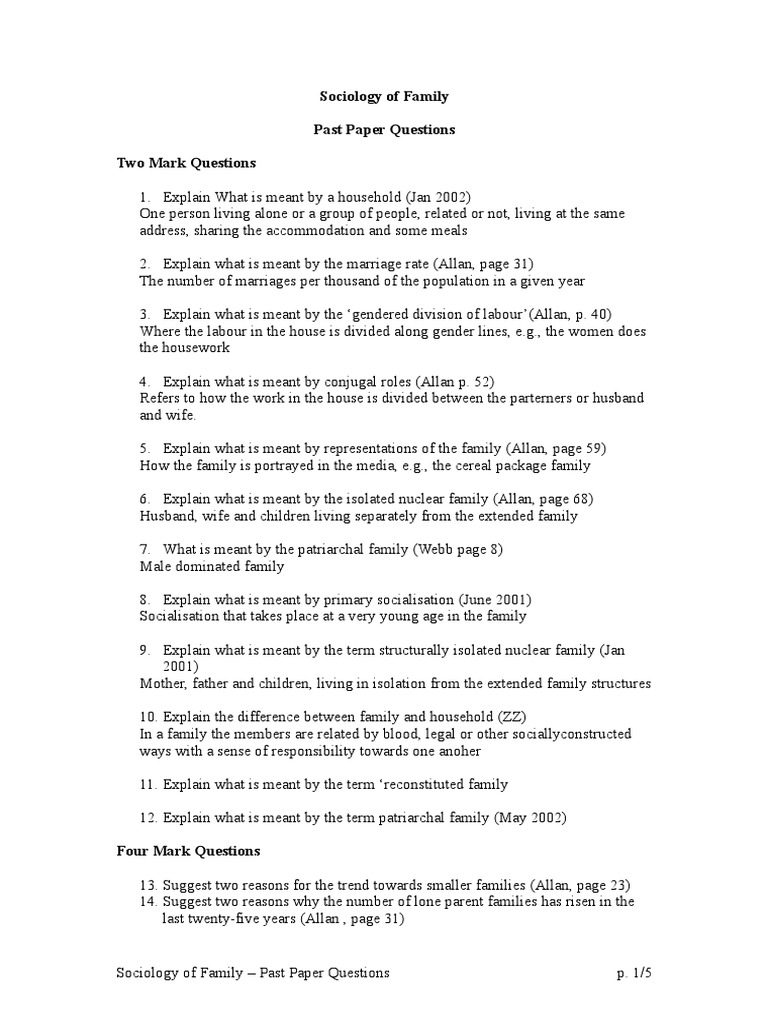 Sociology of Family: Past Paper Insights | PDF | Family | Sociology